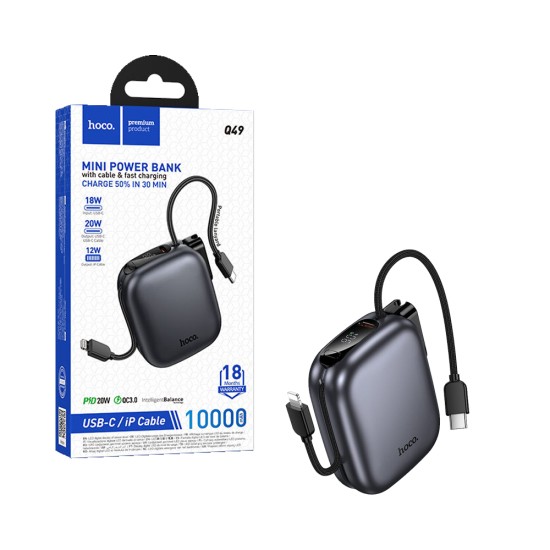 Power Bank Magnético Hoco Q49 Peak comTipo-C+Lightning cabo PD20W 10000mAh Cinza Metálico